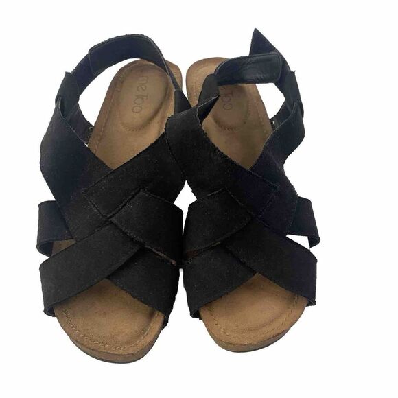 ME TOO Lola Wedges Slingbacks Open Toe Sandals Black Faux Suede‎ Size 9.5M Women - Picture 1 of 16